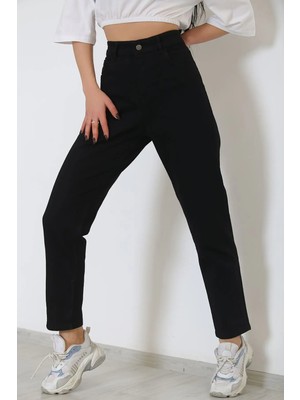 Beeke Kadın Yüksek Bel Boyfriend Mom Jean Boru Paça Düğmeli Kot Pantolon Siyah - 8756