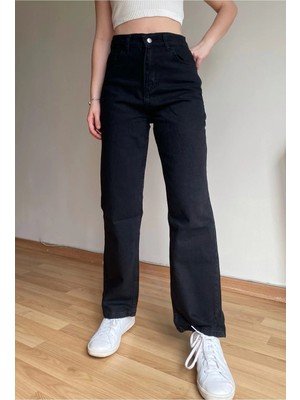 Beeke Kadın Yüksek Bel Düz Siyah Yıkamalı Bol Geniş Paça Cepli Jeans Kot Pantolon