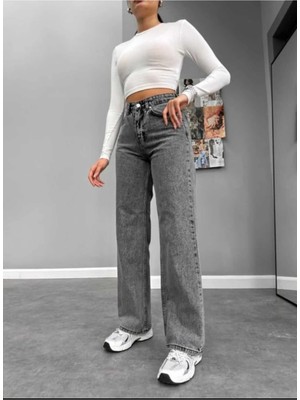 Beeke Jeanli Kadın Likralı Füme Kar Yıkama Süper Yüksek Bel Palazzo Salaş Bol Paça Denim Kot Pantolon
