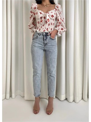 Beeke Vit Mom Jeans Eskitmeli Kar Yırtıklı 90S Boyfriend Yüksek Bel Kot
