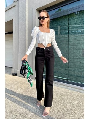 Beeke Enna Bol Paça Süper Yüksek Bel Likralı Solmayan Siyah Jeans