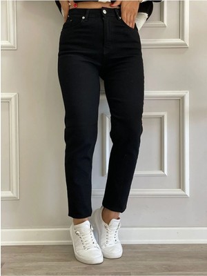 Beeke Isabella Zero Max Kadın Yüksek Bel Siyah Mom Jeans Likralı Esnek Kot Pantolon(Tam Siyah)