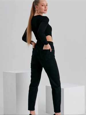 Beeke Kadın Siyah Mom Boyfriend Yüksek Bel Kot Jeans Pantolon
