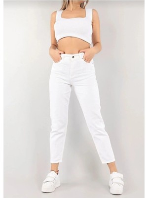 Beeke Yüksek Bel Likralı Beyaz Mom Jeans Esnek Kot Pantolon