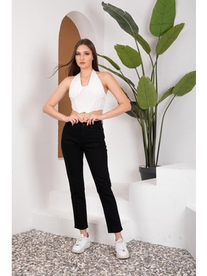 Beeke Benjamin Kadın Likralı Siyah Mom Jeans Kot Pantolon
