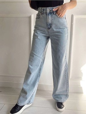 Beeke Follow 90's Kar Yıkama Mavi Likralı Süper Yüksek Bel Salaş Jeans Palazzo Pantolon