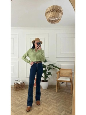 Beeke Kadın Koyu Lacivert Süper Yüksek Bel Likralı Flare Ispanyol Kot Pantalon Jeans
