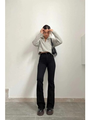 Beeke Ispanyol Paça Renk Solmaz Siyah Flare Jeans Kot Pantolonjean