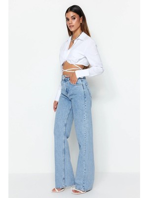 Beeke Marina Kadın Mavi Likralı Yüksek Bel Trend Salaş Paça Jeans Kot Pantolon