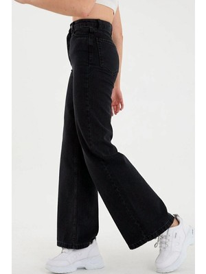 Beeke Kadın Pantolon Plazzo Wide Leg Kar Yıkamalı Yüksek Bel Geniş Paça Likralı Boyfriend Jean Kot