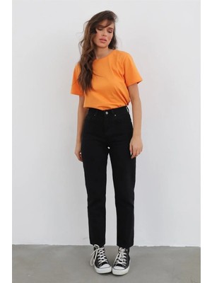 Beeke Yüksek Bel Siyah Mom Jeans Likralı Esnek Kot Pantolon