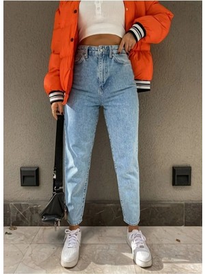 Beeke Leo Ngbutika Açık Mavi Mom Jeans Likralı Yüksek Bel Mavi Kar Yıkamalı Mom Kot Pantolon Ekstra Esnek