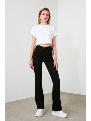 Beeke Trend Jean Manolya Yüksek Bel Ispanyol Paça Solmayan Siyah Jeans Kot Pantolon