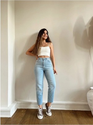 Beeke Mavi Likralı Mom Jean
