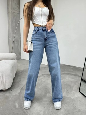 Beeke Jeanli Kadın Likralı Mavi Kar Yıkama Süper Yüksek Bel Palazzo Salaş Bol Paça Denim Kot Pantolon