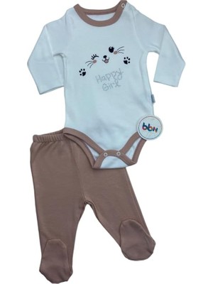 Str Store Mebs Clothing Kız Bebek Body Takım, Somon Body, Kedi Baskılı ve Taş Süslemeli, Çıtçıtlı