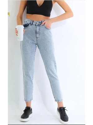 Beeke Isabella Zero Max Kadın Yüksek Bel Mavi Mom Jeans Likralı Kot Pantolon