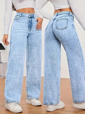 Beeke Alessi Kadın Buz Kar Mavi Palazzo Jeans Likralı Süper Yüksek Bel Salaş Denim Kot Pantolon