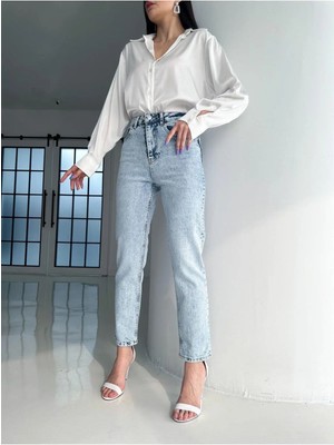 Beeke Lily Kadın Kar Yıkamalı Trend Mavi Likralı Mom Jean