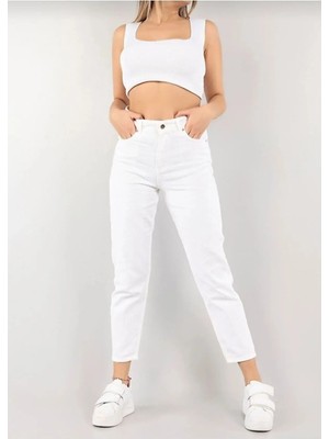 Beeke Yüksek Bel Likralı Beyaz Mom Jeans Esnek Kot Pantolon