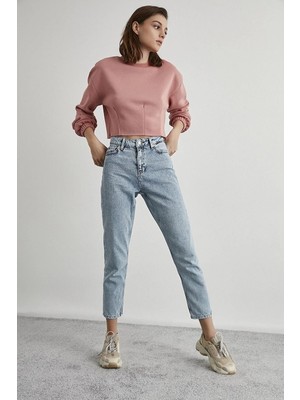 Beeke Mavi Yüksek Bel Mom Jeans Likralı Esnek Kot Pantolon