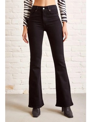 Beeke Kadın Siyah Yüksek Bel Ispanyol Paça Solmayan Jeans Kot Pantolon