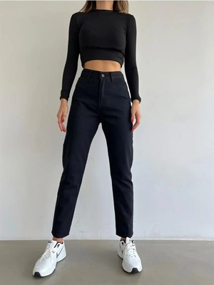 Beeke Yüksek Bel Likralı Siyah Boyfriend Jeans Esnek Mom Kot Pantolon (Tam Kalıptır)