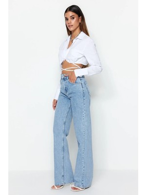 Beeke Marina Kadın Mavi Likralı Yüksek Bel Trend Salaş Paça Jeans Kot Pantolon