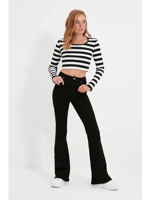 Beeke Siyah Ispanyol Paça Kot Pantolon Yüksel Bel Flare Jeans Toparlayıcı (Likralı)Jean