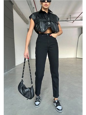 Beeke Maria Kadın Siyah Süper Yüksek Bel Comfort Likralı Mom Kot Pantalon Jeans (Tam Kalıptır)