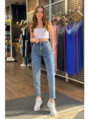 Beeke Lily Kadın Trend Esnek Süper Likra Mavi Mom Jeans