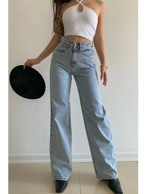 Beeke Tommy 90's Açık Kar Yıkama Mavi Likralı Süper Yüksek Bel Salaş Jeans Palazzo Pantolon 2024