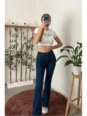 Beeke Lina Koyu Mavi Ispanyol Paça Jeans Yüksek Bel Power Likra Kot Pantolon