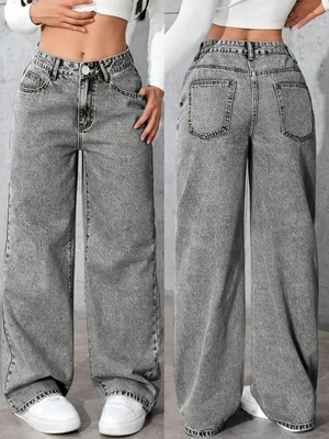 Beeke Alessi Kadın Gri Palazzo Jeans Likralı Süper Yüksek Bel Salaş Denim Kot Pantolon
