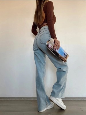 Beeke Marina Mavi Salaş Yüksek Bel Likralı Bol Paça Trend Denim Kot Pantolon