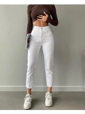 Beeke Lena Kadın Beyaz Yüksek Bel Trend Kot Jeans