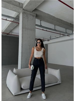 Beeke Mia Kadın Siyah Likralı Denim Yüksek Bel Jean