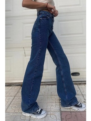 Beeke Sun-Hwa Likralı Koyu Mavi Yüksek Bel Bol Paça Kot Pantolon Wide Leg Jeans (1 Beden Büyük Alınız)