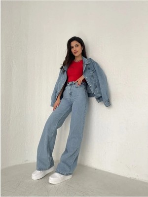 Beeke Ryan 90's Kar Yıkama Mavi Yüksek Bel Likralı Salaş Jeans Palazzo Pantolon