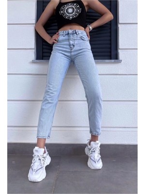 Beeke Yüksek Bel Kar Yıkama Buz Mavisi Mom Jean