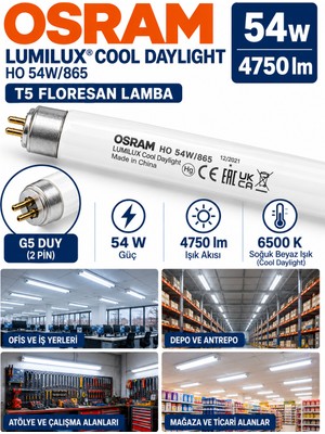 (1 Adet) Osram 54W 865 Beyaz (6500K) G5 duylu T5 Floresan