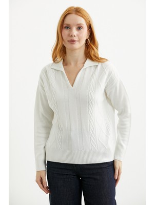 Sementa Polo Yaka Oversize Triko Kazak - Kemik
