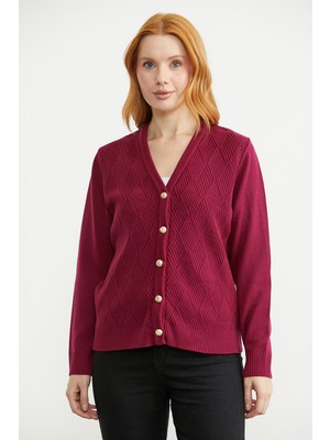 Sementa Motifli V Yaka Triko Hırka - Bordo