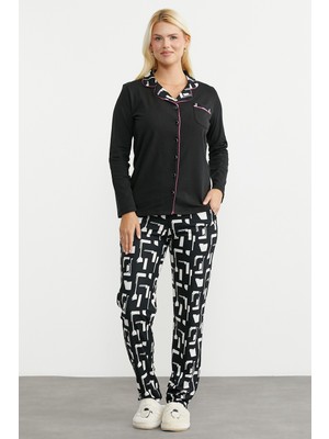 Sementa Desen Kombinli Düğmeli Pijama Takım - Siyah