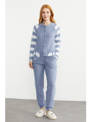 Sementa Çizgi Kombinli Kışlık Pijama Takım - Mavi