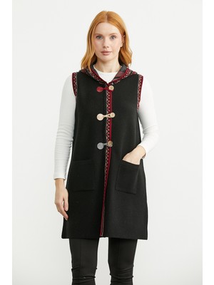 Sementa Etnik Desenli Uzun Yün Triko Yelek - Siyah