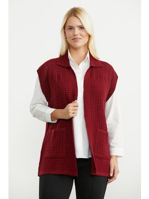 Sementa Devrik Yaka Cepli Triko Yelek - Bordo