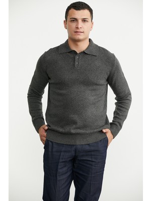 Sementa Polo Yaka Yünlü Triko Kazak - Koyu Gri