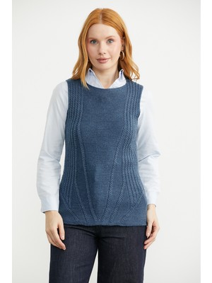 Sementa Yünlü Yuvarlak Yaka Triko Süveter - Indigo