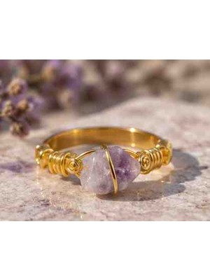 Xuping Mor Doğal Taşlı Gold Renk Ayarlanabilir Kadın Yüzük – Tel Sarım Bohem Tasarım